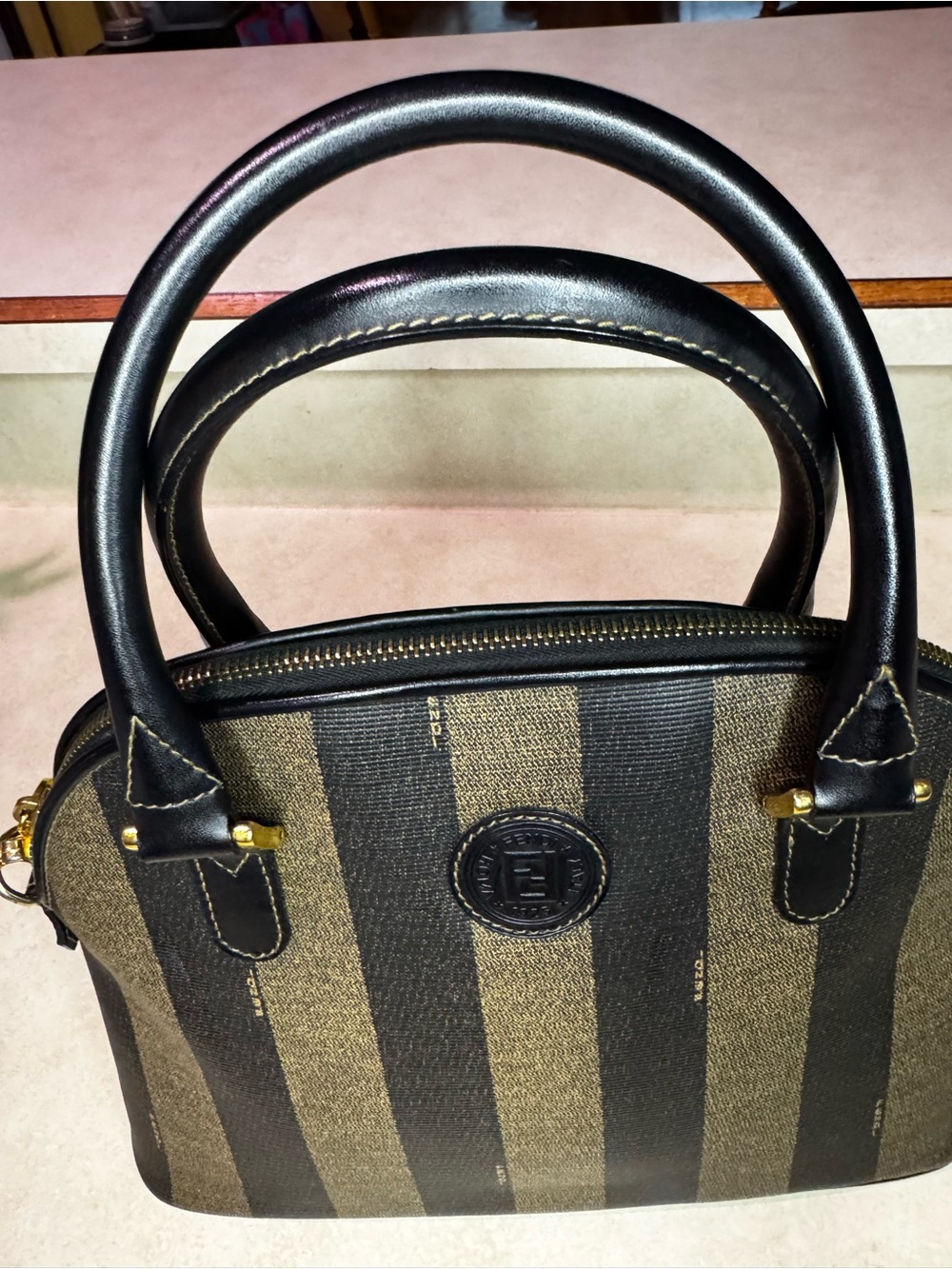 Authentic Vtg Fendi Pequin Brown Black Bold Striped Dome Satchel Pre-owned - Picture 10 of 12